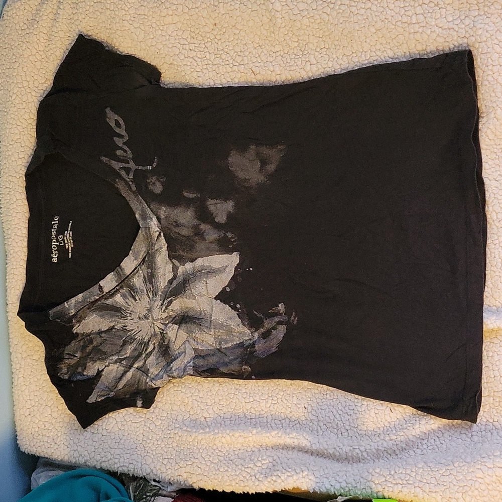 Aeropostale Floral Graphic Black Tee T-shirt Junior's Cap Sleeve Size Large